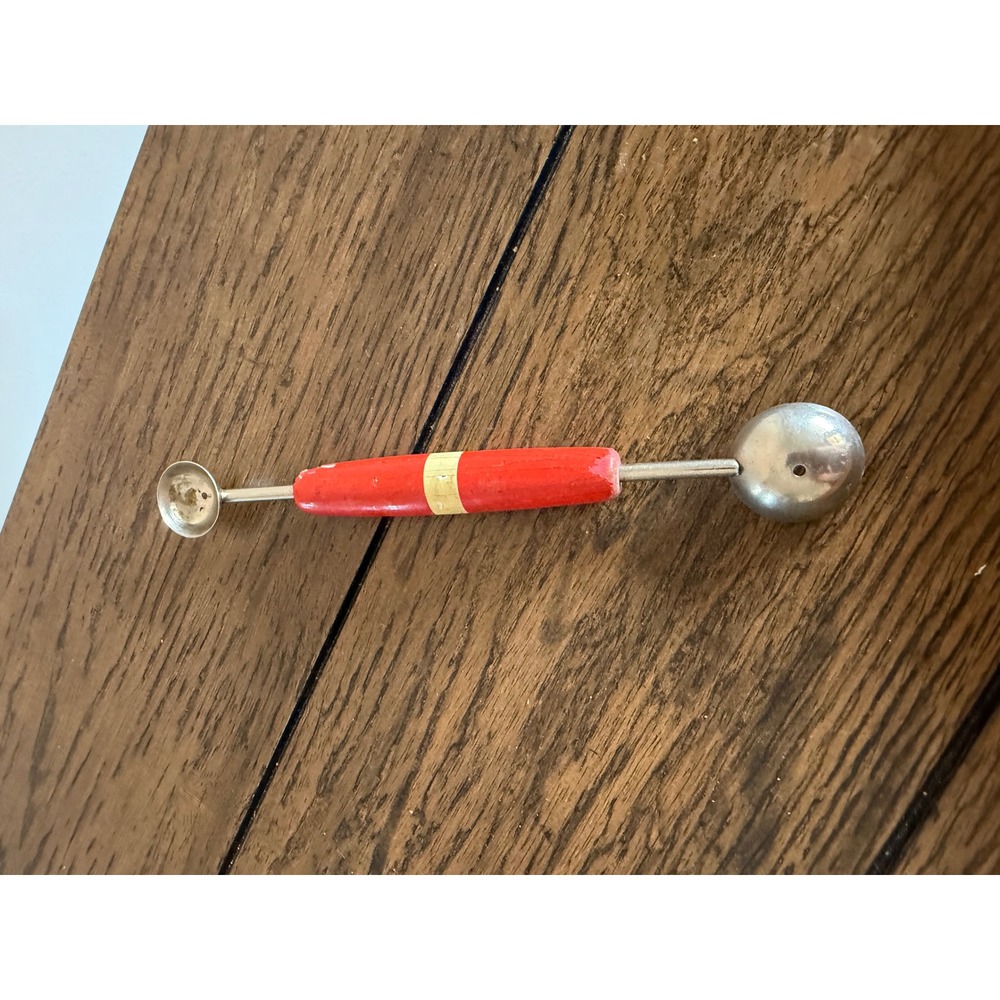Vintage Double Sided Wood Handle Melon Baller Kitchen Tool Red